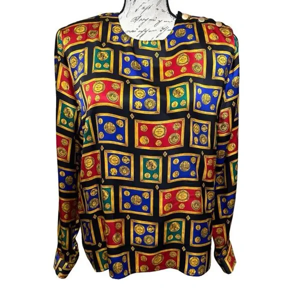 Vintage Talbots Petites Silk Blouse Size 14P Novelty Money Print French Cuffs - Picture 1 of 11